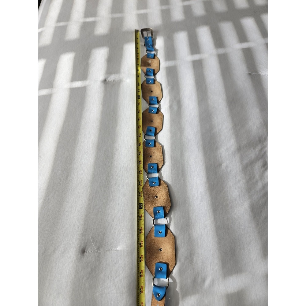 Vtg Blue Leather Octagon Concho Western Boho Hippie Silver Buckle Belt - Picture 8 of 11